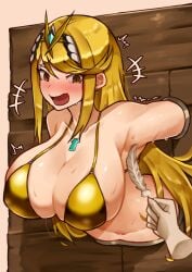 blonde_hair bondage disembodied_hand female gold_bikini large_breasts laughing mythra mythra_(xenoblade) oniisan02b solo_female solo_focus tickle_fetish tickle_torture tickling xenoblade_(series) xenoblade_chronicles_2 yellow_eyes yotsuhauni