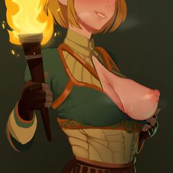 blonde_hair breasts breath_of_the_wild cum_on_breast dark_blonde dark_blonde_hair dirty_blonde diry_blonde_hair exposed_breast exposing_self female fire flashing hi_res image light-skinned_female light_skin mon_eree nintendo nipples one_breast_out pale-skinned_female pale_skin perky_breasts princess_zelda sandy_blonde sandy_blonde_hair short_hair smile sweat sweatdrop tears_of_the_kingdom the_legend_of_zelda torch undressing zelda_(tears_of_the_kingdom)