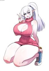 bimbo blue_eyes blush breasts_bigger_than_head cleavage_cutout converse curvy elf female full_body hoop_earrings huge_breasts kneeling long_hair navel_visible_through_clothes parted_lips peace_sign pink_lipstick pointy_ears ponytail raised_eyebrows sideboob smile sneakers solo sweater sweater_dress thighs virgin_killer_sweater viriai white_hair white_skin wide_hips