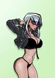 ben_10 ben_10_omniverse big_breasts charmcaster cleavage leather_jacket newman_(artist) panties provocative purple_highlights white_hair