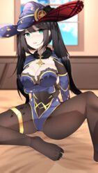 1girls aqua_eyes ass_visible_through_thighs black_hair breasts clothed clothing female genshin_impact hat long_hair mona_(genshin_impact) nipples_visible_through_clothing open_mouth pussy_visible_through_clothes samip sitting solo twintails vagina_visible_through_clothing white_skin