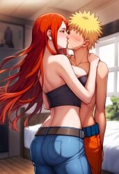 adult adult_and_teenager age_difference ai_generated alluring anime beautiful_females blonde_hair curvy curvy_female dominant_female evil femdom filler_character fuuka_(naruto) hands_on_shoulders jeans kissing kunoichi midriff naruto naruto_shippuden ninja novelai partial_nudity red_hair seductive_eyes sexy_female shinobi spiky_hair timid topless topless_male uzumaki_naruto villainess young younger_male