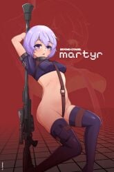 bare_hips blush character_name crop_top female female_focus gun holding holding_gun holding_rifle holding_weapon looking_at_viewer lykesya martyr_(the_citadel) open_mouth pouch purple_eyes purple_hair purple_shirt purple_thighhighs red_background rifle shirt short_sleeves simple_background sniper_rifle solo solo_focus the_citadel thigh_pouch thigh_strap thighhighs title weapon