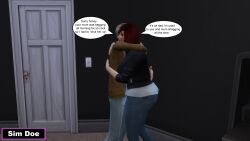 1boy 3d big_ass big_breasts big_girl big_hips brandon_levin(sim_doe) caption comic comic_page english english_text fat fat_female father_and_daughter female grey_hair hugging old old_man original_characters red_hair sim_doe sims sims4 sims_4 speech_bubble text the_sims the_sims_4 thick tia_levin(sim_doe)