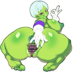 anus anus_focus anus_peek ass ass_focus asshole barefoot big_breasts breasts butt_focus censored cheelai dragon_ball dragon_ball_super feet gloves green_skin lovelasu nipples partially_clothed pussy short_hair smile smiling smiling_at_viewer soles toes white_hair