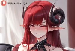 1girls ai_generated akyoi azur_lane bedroom black_horn black_horns blush breasts curled_horns demon_horns female hindenburg_(azur_lane) hindenburg_(delirious_duel)_(azur_lane) horn horns iron_blood_(azur_lane) light-skinned_female light_skin long_hair looking_at_viewer necklace official_alternate_costume pantyhose patreon pointy_ears red_eyes red_hair smile solo solo_female very_long_hair