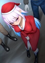 1girls 2boys blue_hair blush boots breasts embarrassed exhibitionism female lize_helesta mikage_77777 nijisanji public purple_eyes santa_costume santa_hat solo surrounded sweat two_tone_hair virtual_youtuber white_hair