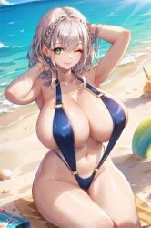 ai_generated bare_thighs beach dtz_(artist) gigantic_breasts green_eyes hololive hololive_japan huge_breasts huge_thighs light_skin looking_at_viewer massive_breasts mommy oiled_body oiled_skin one_eye_closed shirogane_noel short_hair silver_hair sling_bikini slingshot_swimsuit smiling solo_female squatting sweat sweatdrop thick_body thick_female thick_thighs thighs voluptuous voluptuous_female