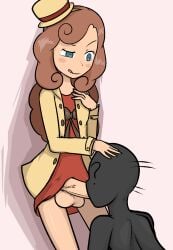 ? blue_eyes bluevp_(artist) bottomless futa_on_male hand_on_hip hat katrielle_layton layton's_mystery_journey professor_layton thrusting_into_mouth video_game