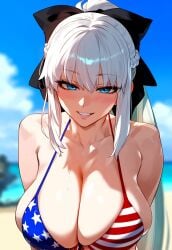 1boy ai_generated american_flag_bikini big_breasts blue_eyes breasts fate/grand_order fate_(series) female female_focus huge_breasts large_breasts long_hair looking_at_viewer morgan_le_fay_(fate) ponytail smiling smiling_at_viewer white_hair