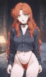 ai_generated back_view bangs bedroom choker crop_top earrings emo flannel freckles g-string ginger goth goth_girl green_eyes long_hair midriff navel original original_character red_hair thong underwear