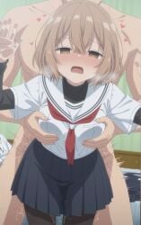 1boy 1girls absurdres against_fourth_wall against_glass age_difference ai ai_generated bent_over black_pantyhose black_sleeves blue_skirt blush brown_eyes brown_hair clothed_female_nude_male clothed_sex completely_nude crossed_bangs detached_sleeves dress_shirt facing_viewer grabbing_from_behind groping groping_breasts groping_from_behind heart height_difference highres indoors medium_hair neckerchief nose_blush nude open_mouth orientation_play out_of_frame pantyhose pussy_juice pussy_juice_drip red_neckerchief saliva serafuku sex sex_from_behind shirt short_sleeves skirt small_breasts sweat third-party_edit tongue vaginal_penetration watashi_wo_tabetai_hitodenashi white_shirt xingyetiannai yaotose_hinako