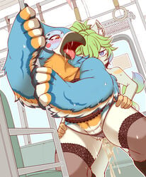 anthro avian beak bird blush bodily_fluids breath_of_the_wild clothed clothing crossdressing feathers female genital_fluids hair hi_res kass_(tloz) kass_(zelda) looking_pleasured male male/female nintendo penetration public_transportation risuou rito rule_63 sex the_legend_of_zelda train vehicle video_games