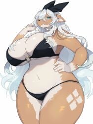 3:4 anthro aurora_(osaki_eru) baburusushi big_breasts bikini breasts cleavage clothed clothing curvy_figure deer diamond_(marking) diamond_formation_(marking) female female_anthro hair hand_on_hip hi_res hip_markings huge_breasts kemono leg_markings long_hair mammal markings simple_background solo swimwear thick_thighs thigh_markings two-piece_swimsuit voluptuous white_background