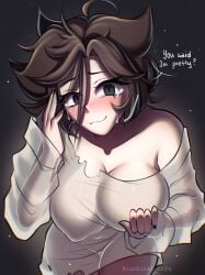 big_breasts black_eyes brawl_stars brown_hair colette_(brawl_stars) crying cuckoo_colette_(brawl_stars) cute ghost looking_at_viewer luchikki nipples_visible_through_clothing smile white_shirt