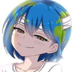 bandage blue_hair blush brown_eyes earth-chan earth_(planet) half-closed_eyes looking_at_viewer non-web_source personification planet smile smiling smiling_at_viewer smug smug_face smug_grin tagme white_shirt