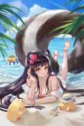 1girls azur_lane beach blonde_hair cleavage collarbone color colored complex_background female female_focus flower_in_hair fluffy_tail hand_on_head large_breasts laying_down looking_at_viewer manjuu_(azur_lane) naganami_(azur_lane) ocean skunk_ears skunk_girl skunk_tail smile smiling smiling_at_viewer swimsuit tail water white_hair yellow_eyes