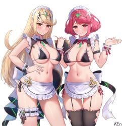 2girls absurdres alternate_costume apron arm_strap armpits bare_shoulders big_breasts bikini black_bikini black_thighhighs blonde_hair bow bowtie breasts bridal_garter circlet cleavage closed_mouth contrapposto cowboy_shot frilled_bikini frills frown garter_straps gluteal_fold hand_on_own_hip hand_up highres holding ken-san large_breasts long_hair looking_at_viewer maid maid_apron maid_bikini maid_headdress multiple_girls mythra mythra_(xenoblade) navel orange_eyes pyra pyra_(xenoblade) red_eyes red_hair scrunchie short_hair side-tie_bikini_bottom skindentation smile stomach string_bikini swept_bangs swimsuit thighhighs thighs unconventional_maid very_long_hair waist_apron wing_collar wrist_scrunchie xenoblade_chronicles_(series) xenoblade_chronicles_2