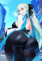 1girls ai_generated ass big_breasts blue_eyes breasts fate/grand_order fate_(series) female female_focus female_only large_breasts light-skinned_female long_hair mature_female morgan_le_fay_(fate) white_hair