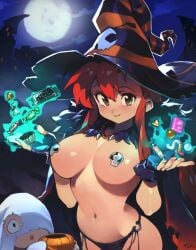 1boy 1girls absurd_res alternate_costume black_cape black_panties breasts candy cape fingerless_gloves food full_moon ghost_costume gloves halloween halloween_costume hat highres large_breasts long_hair looking_at_viewer moon navel necklace night optionaltypo panties pasties red_hair simon_(tengen_toppa_gurren_lagann) skull_pasties smile smile_at_viewer stomach tengen_toppa_gurren_lagann trick_or_treat underwear witch_hat yellow_eyes yoko_littner