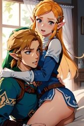 ai_generated ass blonde_hair blue_eyes blue_shirt breasts breath_of_the_wild flashing half_naked link link_(breath_of_the_wild) long_hair nintendo no_panties no_pants open_mouth princess_zelda the_legend_of_zelda thick_thighs zelda_(breath_of_the_wild)