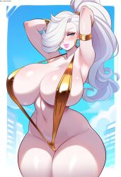 ai_generated armpits arms_behind_head bimbo blue_eyes breasts_bigger_than_head cowboy_shot curvy dress elf eyeshadow female gold_bikini hands_behind_head hoop_earrings huge_breasts micro_bikini pointy_ears ponytail sling_bikini slingshot_swimsuit solo thighs viriai white_hair white_skin wide_hips