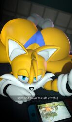 1boy 1femboy anthro anthro_only ass bedroom_eyes big_ass big_butt blue_eyes butt femboy femboy_only gloves inviting looking_at_viewer male male_only miles_prower narrowed_eyes nintendo_switch sega selfie sonic_the_hedgehog_(series) tails tails_the_fox talking_to_viewer thordersfm yellow_body yellow_fur