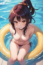 ai_generated blush breasts_out brown_hair collar half-dressed kono_subarashii_sekai_ni_shukufuku_wo! megumin red_eyes short_hair small_breasts swimming_pool swimsuit takemehigh thick_thighs