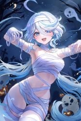 1girls alternate_costume bandage breasts cute female female_only furina_(genshin_impact) genshin_impact ghost halloween looking_at_viewer midriff mummy mummy_costume mummy_wrappings mungduck petite pumpkin revealing_clothes small_breasts solo white_hair