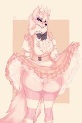 anthro canid canine cervid clothed clothing clothing_lift dress dress_lift female footwear fox freckles fur genitals hi_res hybrid legwear maid_uniform mammal marshmallow_fluff_(character) pink_body pink_clothing pink_footwear pink_fur pink_socks pussy pussy_juice socks solo stockings uncensored uniform vksuika