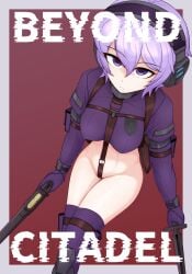 arm_pouch arm_strap border breasts closed_mouth crop_top crotch_strap english_text eyebrows female female_focus frown gradient_background gun headgear holding holding_gun holding_knife holding_pistol holding_weapon holster knife large_breasts looking_at_viewer looking_up martyr_(the_citadel) matching_hair/eyes navel pouch purple_eyes purple_hair purple_shirt purple_thighhighs red_background shirt simple_background solo solo_focus the_citadel thigh_pouch thigh_strap thighhighs title weapon white_border