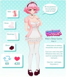 1girls big_breasts copyright_logo crush_crush dress elle_(crush_crush) english_text female official_art painted_nails pink_eyes pink_hair solo solo_female strip_game text thighhighs white_stockings