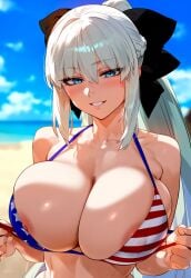 1girls ai_generated american_flag_bikini big_breasts blue_eyes breasts fate/grand_order fate_(series) female female_focus huge_breasts large_breasts long_hair looking_at_viewer morgan_le_fay_(fate) ponytail smiling smiling_at_viewer white_hair