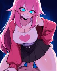 1boy 1girls ai_generated ambiguous_penetration belt black_skirt blue_eyes breasts cleavage clothed_female clothed_female_nude_male clothed_sex cowgirl_position dominant_female duo falsegate female glowing_eyes hand_on_hip heart_on_shirt heart_symbol large_breasts long_hair male male_pov nude_male oc oc_(falsegate) original original_character penis pink pink_hair pleated pov ritsu_(falsegate) self_upload skirt smile stable_diffusion straddling straight sweater tank_top thick_thighs upskirt_sex white_shirt wide_hips