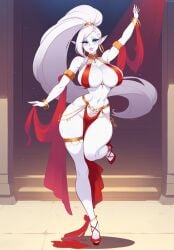 bimbo blue_eyes blush breasts_bigger_than_head curvy dancer dancer_outfit dress elf eyeshadow female high_heels hoop_earrings huge_breasts long_hair looking_away pink_lipstick pointy_ears ponytail red_clothing solo_focus thighs viriai white_hair white_skin wide_hips