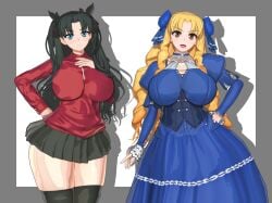 2girls ai_generated artist_request big_breasts blonde_hair blue_eyes breasts busty busty_female clothed dark_hair fate/hollow_ataraxia fate/kaleid_liner_prisma_illya fate_(series) female_only golden_eyes inminent_sex large_breasts luviagelita_edelfelt thick_thighs thighs tohsaka_rin younger_female