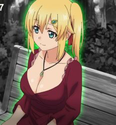 big_breasts blonde_hair blue_eyes cleavage dress emma_brightness female jewelry large_breasts necklace red_dress side_ponytail the_hidden_dungeon_only_i_can_enter voluptuous