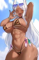 :d abs absurdres animal_ears aqua_nails arm_behind_head armpits bikini_tan blush boku_no_hero_academia bracelet commentary_request condom dark-skinned_female dark_skin eyewear_on_head female heart heart-shaped_eyewear highres jewelry leopard_print_bikini long_hair looking_at_viewer miruko navel navel_piercing parted_bangs piercing rabbit_ears red_eyes rumi_usagiyama saliva smile solo sunglasses tan tanlines toin_(iitoin) tongue tongue_out tongue_piercing used_condom white_hair