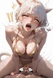 ai_generated animal_ears bikini bikini_top cowgirl_position dark_skin enjisd fangs final_fantasy_xiv grey_eyes medium_breasts orgasm panties_aside short_hair slit_pupils vaginal_penetration vaginal_sex white_hair y'shtola