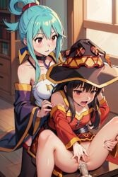 ai_generated anal_sex aqua_(konosuba) ass blue_hair blush brown_hair cleavage collar half-dressed hat kono_subarashii_sekai_ni_shukufuku_wo! legs_spread megumin off_shoulder open_clothes open_dress pussy pussy_juice pussy_juice_drip red_dress red_eyes short_hair small_breasts witch_hat