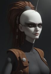 ai_generated aurra_sing braided_ponytail brown_hair clone_wars dreadlocks duchess_eugene face_paint female female_focus green_eyes long_hair ponytail portrait star_wars turtleneck vest white_skin