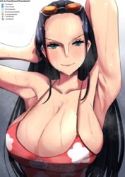 1girls armpits arms_up big_breasts black_hair breasts deep_armpits eye_contact eyewear_on_head female female_only huge_breasts large_breasts looking_at_viewer nico_robin one_piece sexy_armpits solo sundress sunglasses_on_head sweat sweaty_armpits tomodachi_(tomofanart) upper_body