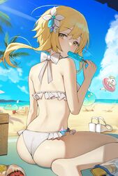 2girls ass back back_view beach blonde_hair dat_ass female genshin_impact hermit_crab hi_res human looking_at_viewer lotion lumine_(genshin_impact) paimon_(genshin_impact) phallic_symbol popsicle sand sexually_suggestive slime sucking white_bikini yellow_eyes