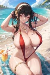 ai_generated asian asian_female bare_thighs beach black_hair dtz_(artist) gigantic_breasts hair_bun hairband huge_breasts huge_thighs light-skinned_female light_skin looking_at_viewer massive_breasts mature_female milf mommy oiled_body oiled_skin one_eye_closed red_eyes shounen_jump+ sling_bikini slingshot_swimsuit smiling solo_female spy_x_family squatting sweat sweatdrop thick_body thick_female thick_thighs thighs voluptuous voluptuous_female yor_briar yor_forger