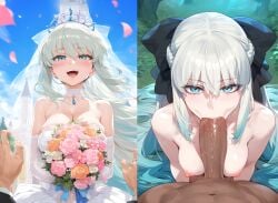 1boy 1girls ai_generated big_breasts blue_eyes breasts fate/grand_order fate_(series) fellatio female female_focus huge_breasts large_breasts light-skinned_female looking_at_viewer morgan_le_fay_(fate) smiling wedding_dress wedding_veil white_hair