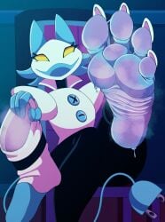 4_toes bcm13 boot_removed deltarune dominant_female dressed dripping_sweat feet feet_fetish feet_focus foot_focus footwear_removed furry furry_only long_toenails musk_clouds musky_feet presenting_foot smelly_boots smelly_feet smelly_shoes smiling_at_viewer soles soles_fetish source_request steamy_feet steamy_shoes tasque_manager_(deltarune) wrinkled_feet wrinkled_soles