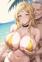 ai_generated beach bikini blonde_female blonde_hair breast_grab breast_grab_from_behind breasts drag-on_dragoon_3 drakengard_3 female five_(drag-on_dragoon) five_(drakengard) huge_breasts large_breasts male male/female nipples old_man older_male pale-skinned_female seductive seductive_smile smile smile_at_viewer yellow_bikini yellow_eyes younger_female