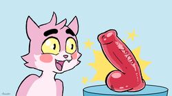 anthro avioylin blush dildo domestic_cat felid feline felis glistening glistening_eyes happy humor looking_at_dildo looking_at_object looking_at_sex_toy male male_only mammal roz sex_toy sharp_teeth simple_background solo star teeth tongue