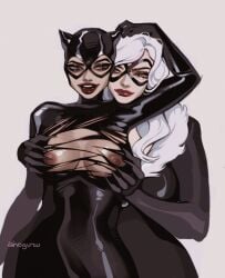 2girls ahoguru batman_(series) black_cat_(marvel) bodysuit breasts catwoman crossover dc dc_comics felicia_hardy female female_only leather lipstick marvel marvel_comics multiple_girls nipples red_lipstick ripped_clothing selina_kyle spandex spider-man_(series) tight_clothing yuri