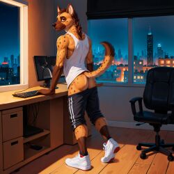 absurd_res ai_generated anthro detailed_background digital_painting_(artwork) furry furry_male furry_only hi_res hyena looking_back_at_viewer male male_focus male_only presenting_hindquarters shaded sneakers socks solo_focus standing sweatpants tank_top underwear_down